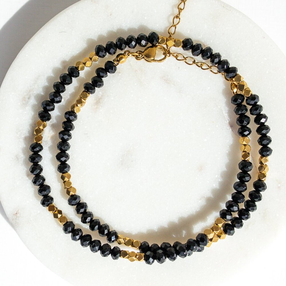 Black Spinel Choker w/ Gold Sparkle Beads Beaded Necklace Waterproof Gold